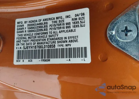 2006 Honda Element Ex-P z USA, uszkodzony, nr VIN 5J6YH18766L010858